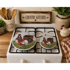 Cooking Concepts Rooster Barn Electric Stove Burner Cover Set 2pc Farmhouse